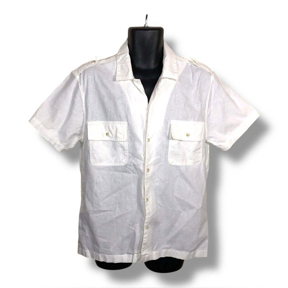 Large Mutual Weave White Linen Cotton Blend Short Sleeve Shirt Neutral Outdoor